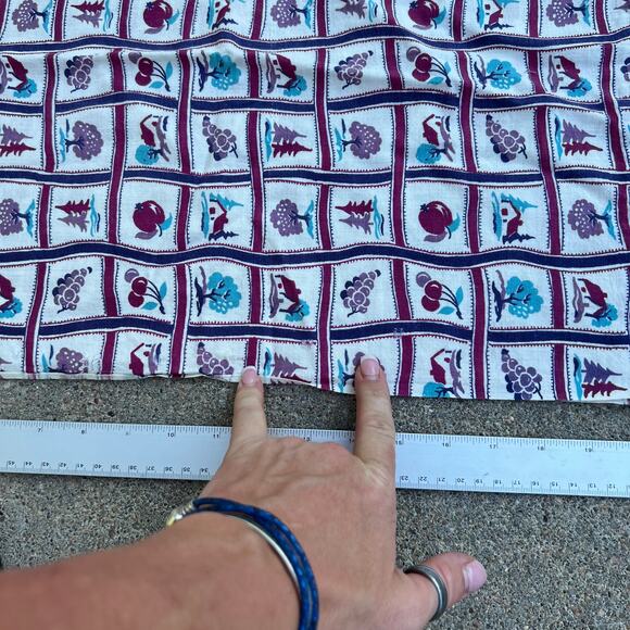 Vintage Cotton Flour Feed Sack cabins trees grapes cherries plums purple teal - Picture 3 of 5